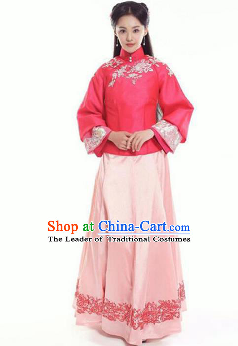 Traditional Chinese Ancient Nobility Lady Costume Rosy Blouse and Pink Skirt, Elegant Hanfu Clothing Chinese Republic of China Young Lady Embroidery Cheongsam Clothing