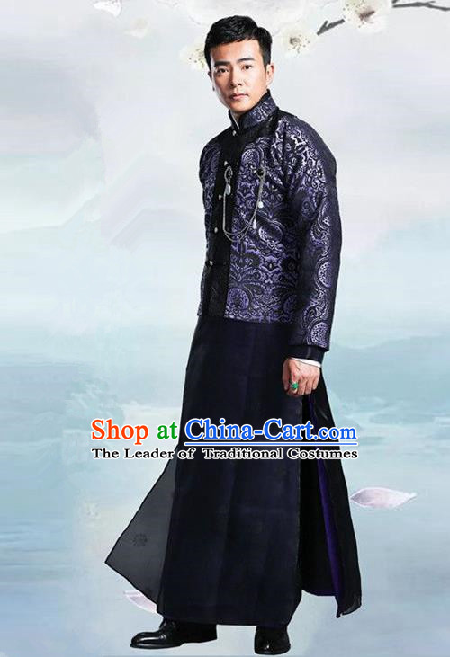 Traditional Chinese Nobility Childe Costume Navy Mandarin Jacket and Long Robe, Chinese Republic of China Young Master Embroidery Clothing for Men