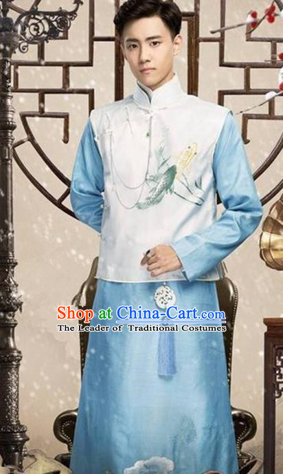 Traditional Chinese Nobility Childe Costume Mandarin Jacket and Blue Long Robe, Chinese Republic of China Young Master Embroidery Clothing for Men