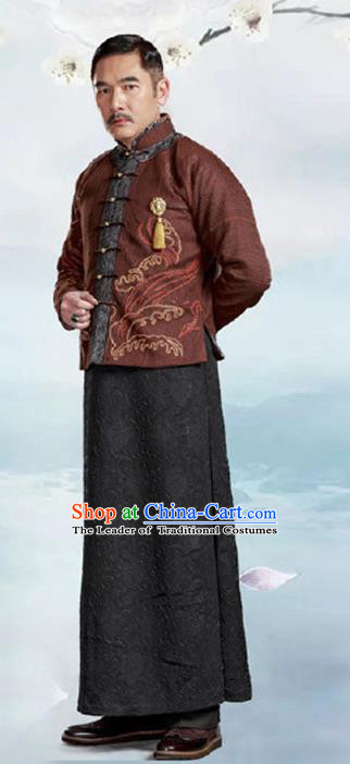 Traditional Chinese Nobility Childe Costume Mandarin Jacket and Long Robe, Chinese Republic of China Young Master Embroidery Clothing for Men