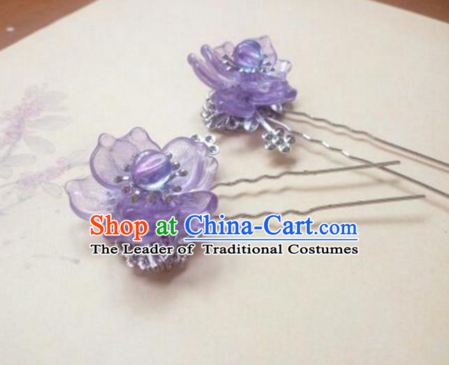 Traditional Chinese Ancient Classical Handmade Hair Accessories Palace Lady Purple Flower Hairpin, Hanfu Hair Stick Hair Fascinators Hairpins for Women
