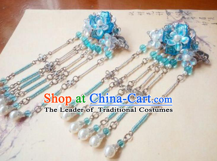 Traditional Handmade Chinese Ancient Classical Hair Accessories Blue Coloured Glaze Tassel Hair Stick Headwear for Women