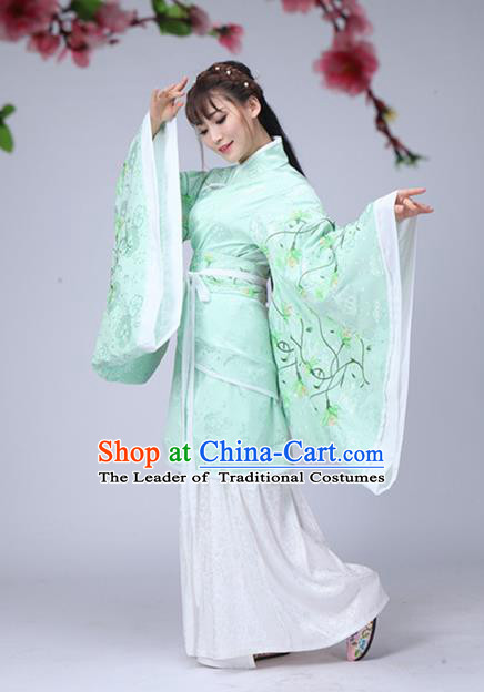 Traditional Chinese Han Dynasty Palace Lady Fairy Costume Green Embroidery Curve Bottom, Elegant Hanfu Clothing Chinese Ancient Princess Clothing for Women