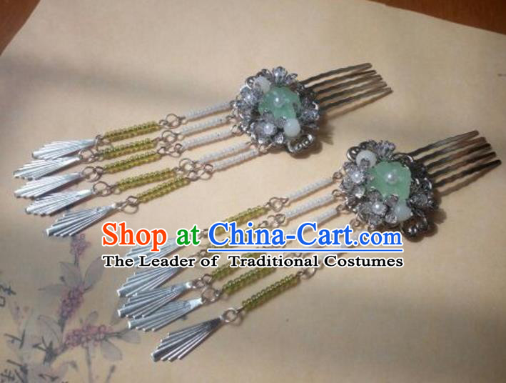 Traditional Handmade Chinese Ancient Classical Hanfu Hair Accessories Hairpins Green Bead Hair Comb, Princess Headpiece Palace Lady Tassel Step Shake Hair Stick for Women