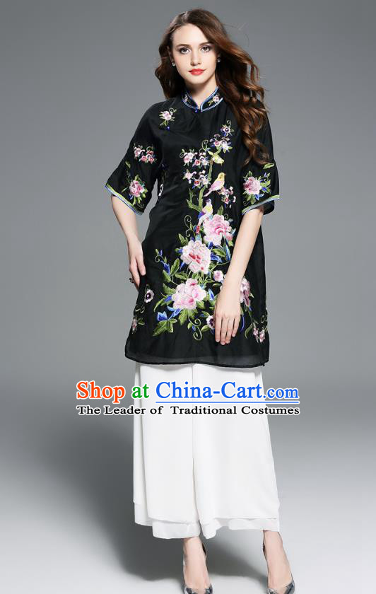 Top Grade Asian Chinese Costumes Classical Embroidery Peony Black Dress Silk Cheongsam Upper Outer Garment, Traditional China National Embroidered Chirpaur Qipao for Women