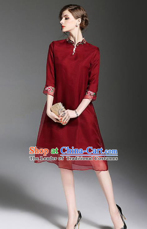 Asian Chinese Oriental Costumes Classical Embroidery Organza Wine Red Cheongsam, Traditional China National Tang Suit Qipao Dress for Women