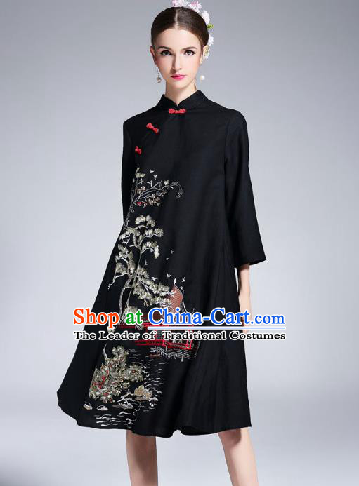 Asian Chinese Oriental Black Cheongsam Costumes, Traditional China National Embroidery Chirpaur Tang Suit Dress Qipao for Women