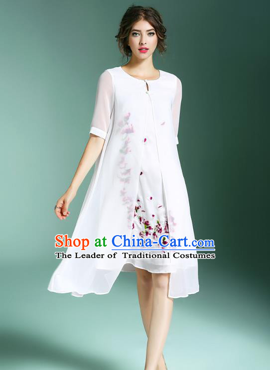 Asian Chinese Oriental Costumes Classical Palace Embroidery White Silk Cheongsam, Traditional China National Chirpaur Tang Suit Plated Buttons Qipao for Women