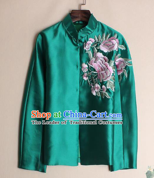 Asian Chinese Oriental Costumes Classical Embroidery Peony Green Shirts, Traditional China National Chirpaur Tang Suit Upper Outer Garment Jacket for Women