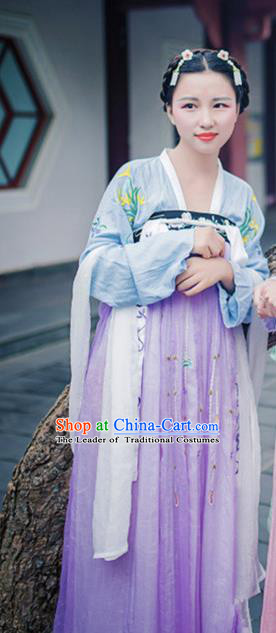 Traditional Asian Oriental China Costume Embroidery Palace Lady Blouse and Skirt Complete Set, Chinese Hanfu Tang Dynasty Princess Embroidered Dress for Women