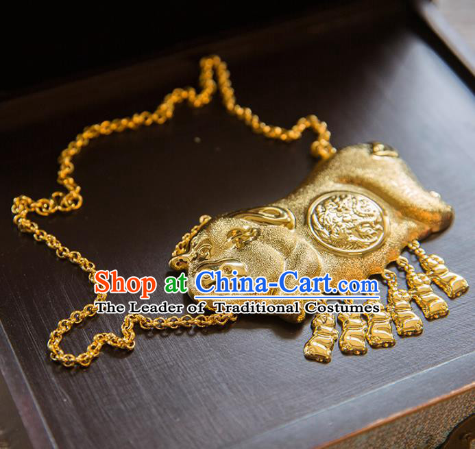 Aisan Chinese Handmade Classical Jewelry Accessories Golden Pig Necklace, China Xiuhe Suit Golden Tassel Necklet for Women
