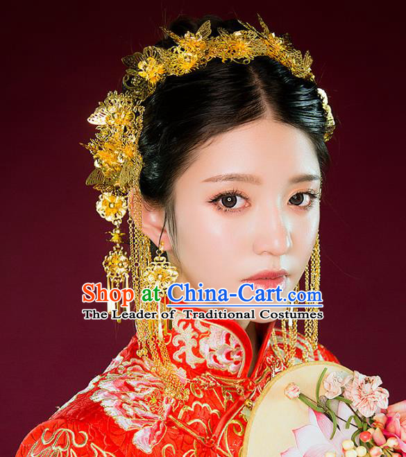 Aisan Chinese Handmade Classical Hair Accessories Golden Phoenix Coronet Complete Set, China Xiuhe Suit Hairpins Wedding Headwear for Women