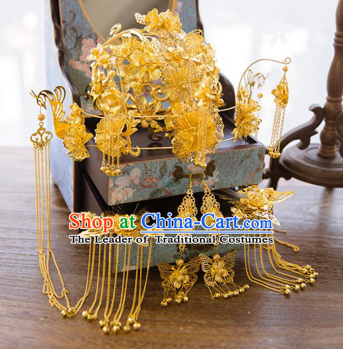 Aisan Chinese Handmade Classical Hair Accessories Bride Golden Phoenix Coronet Complete Set, China Xiuhe Suit Hairpins Wedding Headwear for Women