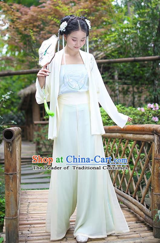 Traditional Asian Chinese Hanfu Costumes Song Dynasty Young Lady Embroidered Blouse and Pants Complete Set