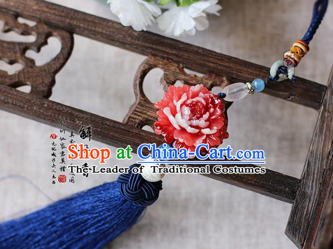 Chinese Handmade Classical Accessories Red Peony Tassel Palace Taeniasis, China Hanfu Waist Pendant Headwear for Women for Men