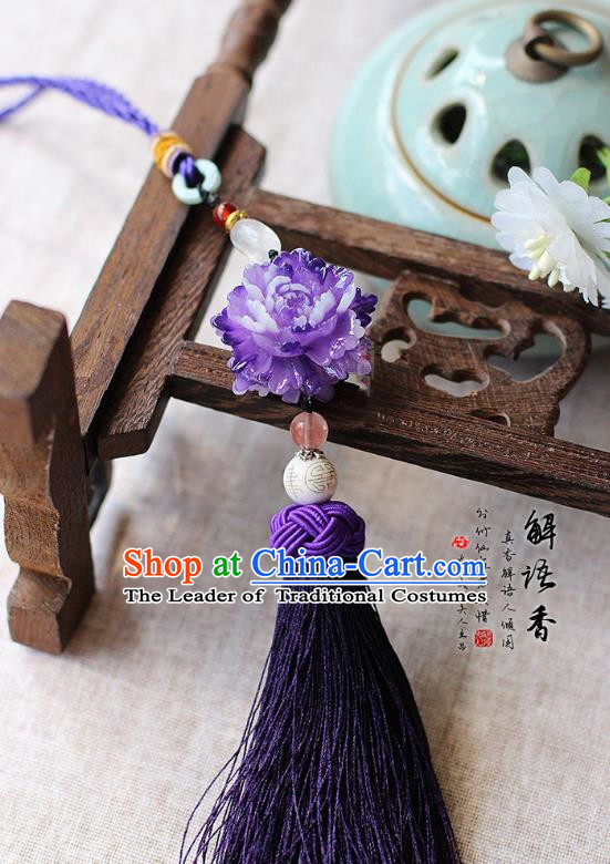 Chinese Handmade Classical Accessories Purple Peony Tassel Palace Taeniasis, China Hanfu Waist Pendant Headwear for Women for Men