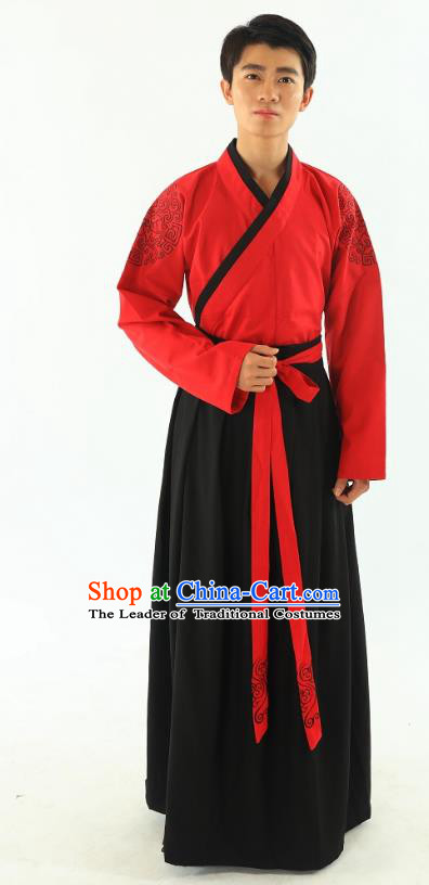Traditional Oriental China Han Dynasty Wedding Costume Red Robe, Chinese Ancient Bridegroom Embroidered Clothing for Men