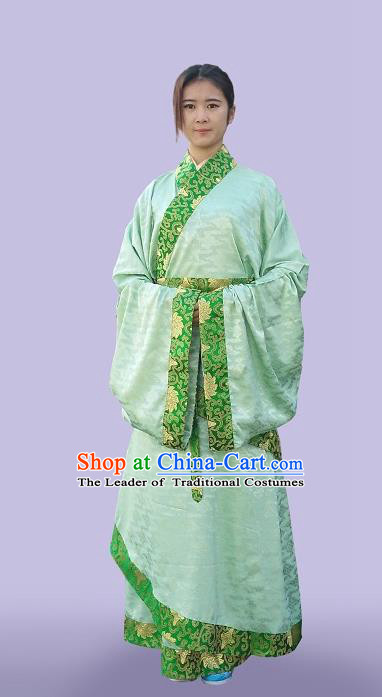 Traditional Asian Oriental China Costume Embroidery Palace Lady Green Curve Bottom, Chinese Hanfu Han Dynasty Princess Embroidered Clothing for Women