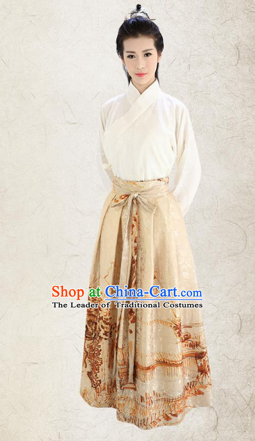 Traditional China Costume Embroidery White Blouse and Yellow Skirt Complete Set, Chinese Han Dynasty Princess Clothing for Women