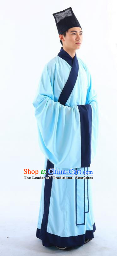 Traditional Asian China Ming Dynasty Costume Chinese Ancient Hanfu Officer Blue Long Robe for Men
