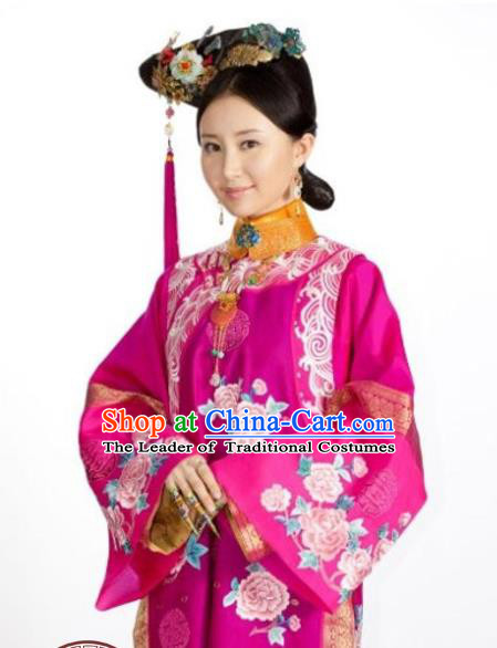 Traditional Ancient Chinese Imperial Consort Costume and Headpiece Complete Set, Chinese Qing Dynasty Manchu Lady Embroidered Clothing for Women