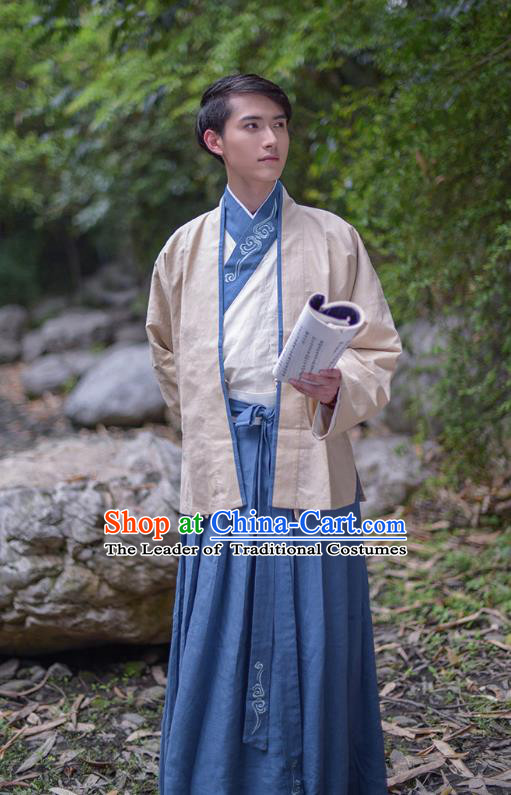 Traditional Chinese Hanfu Costumes Ancient Han Dynasty Swordsman Embroidery Clothing Beige Half-arm Shawl and Robe Complete Set