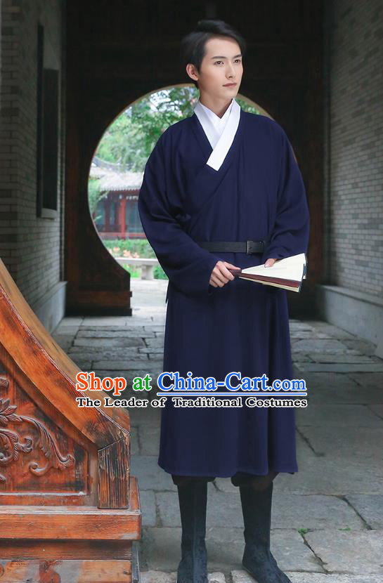 Traditional Chinese Ancient Costumes Asian China Ming Dynasty Swordsmen Embroidery Clothing Navy Long Robe for Men