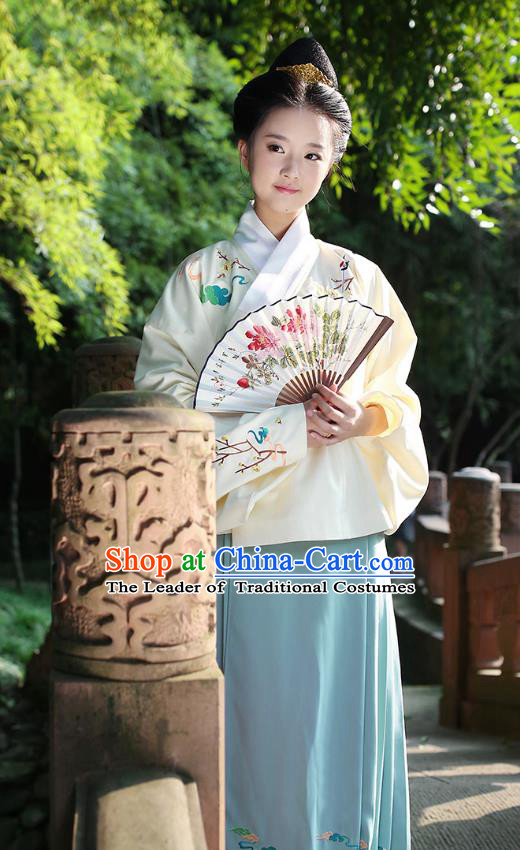 Ancient Chinese Palace Princess Hanfu Costume, Traditional China Ming Dynasty Palace Lady Yellow Embroidery Crane Blouse and Green Skirt Complete Set