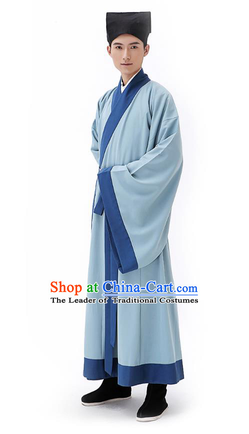 Traditional Chinese Ancient Hanfu Costumes, Asian China Han Dynasty Scholar Blue Long Robe for Men