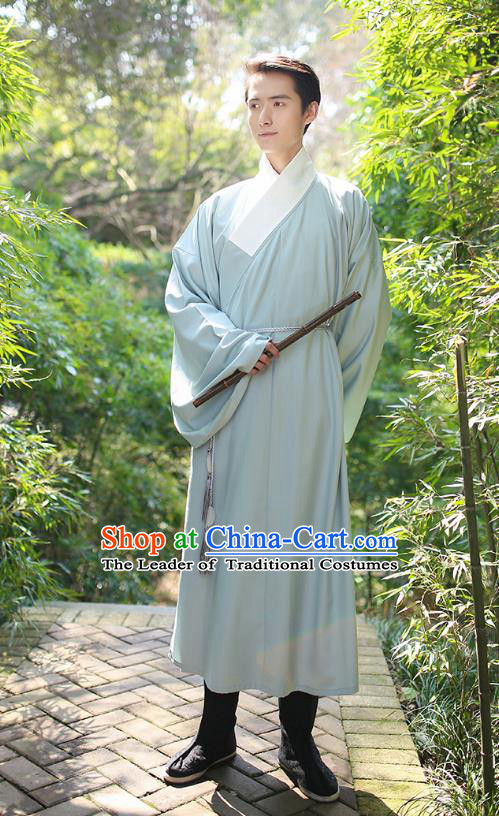 Traditional Chinese Ancient Hanfu Costume, Asian China Han Dynasty Swordsman Green Long Robe for Men