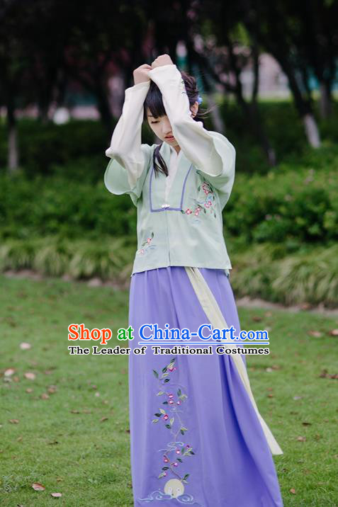 Traditional Chinese Ancient Hanfu Princess Costume, Asian China Song Dynasty Young Lady Embroidery Green Half-Sleeves and Slip Dress for Women
