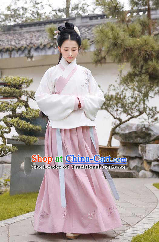 Traditional Chinese Ancient Princess Hanfu Costumes, Asian China Ming Dynasty Palace Lady Embroidery Blouse and Pink Slip Skirts for Women