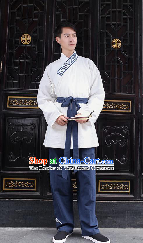 Traditional Chinese Ancient Hanfu Costumes, Asian China Han Dynasty Embroidery White Blouse and Pants for Men