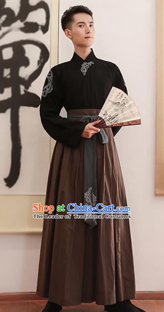 Traditional Chinese Ancient Hanfu Swordsman Costume, Asian China Ming Dynasty Imperial Bodyguard Embroidered Black Blouse and Skirt for Men