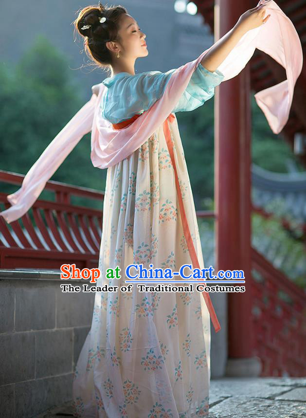 Traditional Chinese Ancient Hanfu Princess Costume, Asian China Tang Dynasty Palace Lady Embroidered Blouse and Slip Skirts for Women