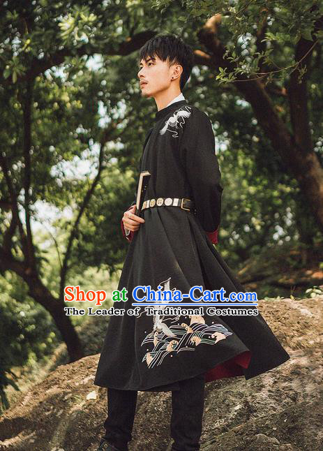 Traditional Chinese Ancient Hanfu Costume Black Robe, Asian China Han Dynasty Embroidered Clothing for Men