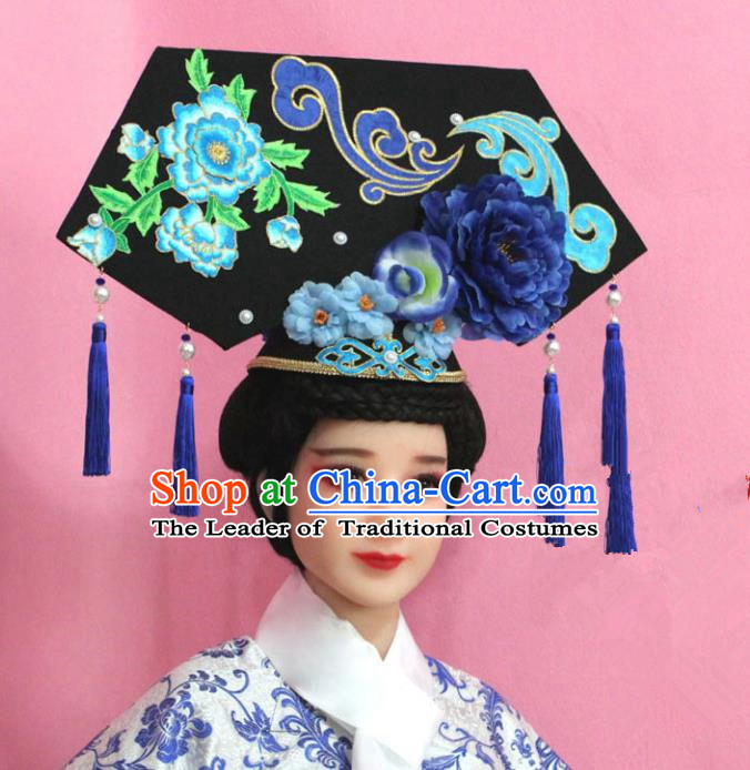 Traditional Handmade Chinese Hair Accessories Qing Dynasty Palace Lady Banners Headwear, Manchu Imperial Concubine Hairpins for Women