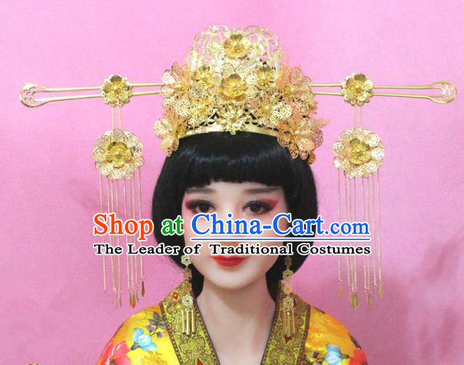 Traditional Handmade Chinese Hair Accessories Empress Golden Phoenix Coronet Complete Set, China Imperial Queen Tassel Step Shake Hairpins for Women