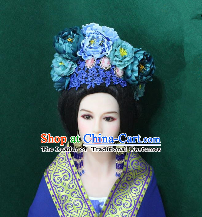 Traditional Handmade Chinese Hair Accessories Blue Lace Flowers Phoenix Coronet, China Tang Dynasty Tassel Hairpins Complete Set for Women