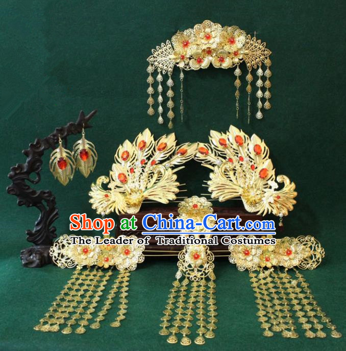 Traditional Handmade Chinese Ancient Classical Hair Accessories Bride Wedding Barrettes Empress Phoenix Coronet Hairpins