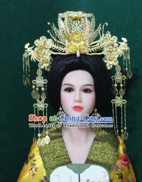 Traditional Handmade Chinese Hair Accessories Tang Dynasty Empress Golden Tassel Phoenix Coronet Headwear Complete Set for Women