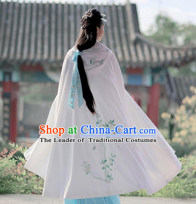 Asian Chinese Ming Dynasty Princess Costume Embroidery White Cloak, Ancient China Palace Lady Embroidered Mantle for Women