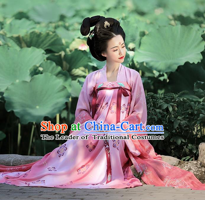Traditional Chinese Ancient Imperial Concubine Hanfu Embroidered Costume Complete Set, Asian China Tang Dynasty Palace Lady Clothing for Women
