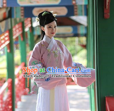 Asian Chinese Ming Dynasty Hanfu Embroidered Pink Blouse Costume, Traditional China Ancient Princess Clothing for Women