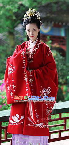 Asian Chinese Tang Dynasty Hanfu Imperial Concubine Costume Red Embroidered Cloak, Traditional China Ancient Princess Cardigan Clothing for Women