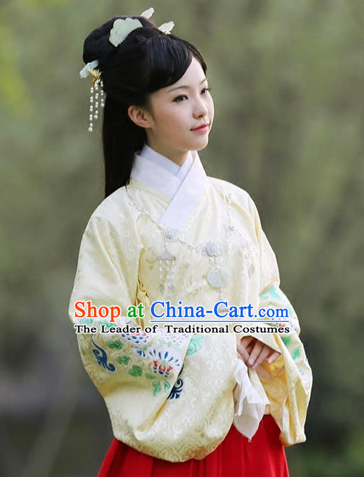 Asian Chinese Ming Dynasty Hanfu Embroidered Yellow Blouse Costume, Traditional China Ancient Princess Clothing for Women