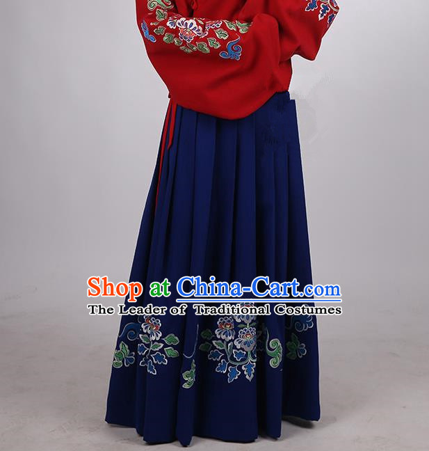 Asian Chinese Ming Dynasty Hanfu Costume Blue Embroidery Skirt, Traditional China Ancient Embroidered Dress Clothing for Women