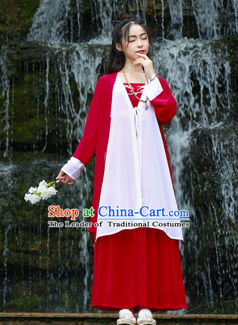 Asian Chinese Ming Dynasty Hanfu Embroidered Swordswoman Costume, Traditional China Ancient Princess Red Clothing for Women