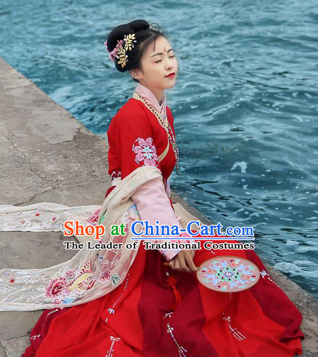 Asian Chinese Tang Dynasty Imperial Concubine Costume, Ancient China Palace Lady Embroidered Red Dress Clothing