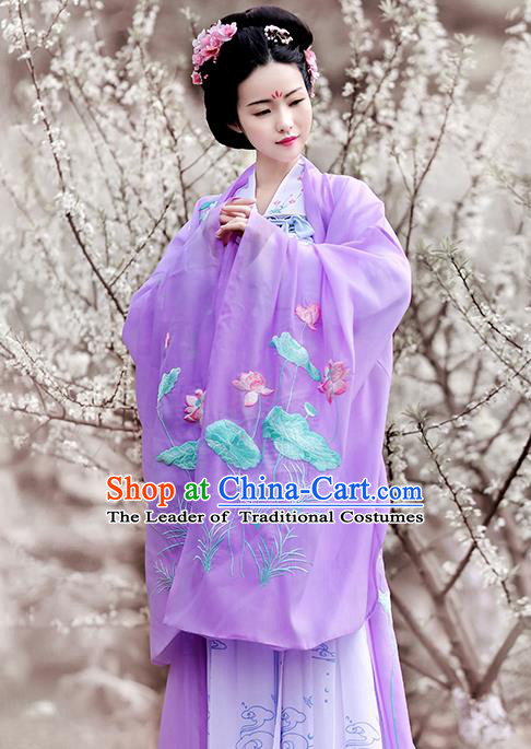 Asian Chinese Tang Dynasty Princess Costume Embroidery Lotus Wide Sleeve Cloak, Ancient China Palace Lady Embroidered Purple Cardigan for Women